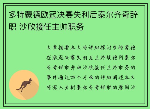 多特蒙德欧冠决赛失利后泰尔齐奇辞职 沙欣接任主帅职务 多特蒙德欧冠决赛失利后泰尔齐奇辞职 沙欣接任主帅职务